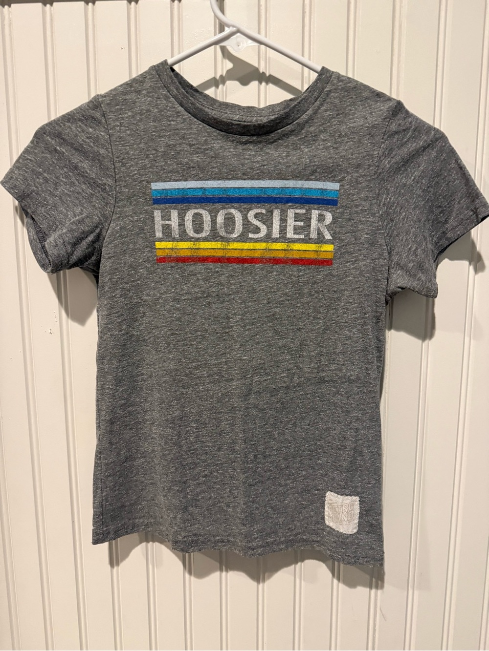 Original Retro Brand Kids Gray 'Hoosier' Tee with Blue, Yellow & Red Stripes